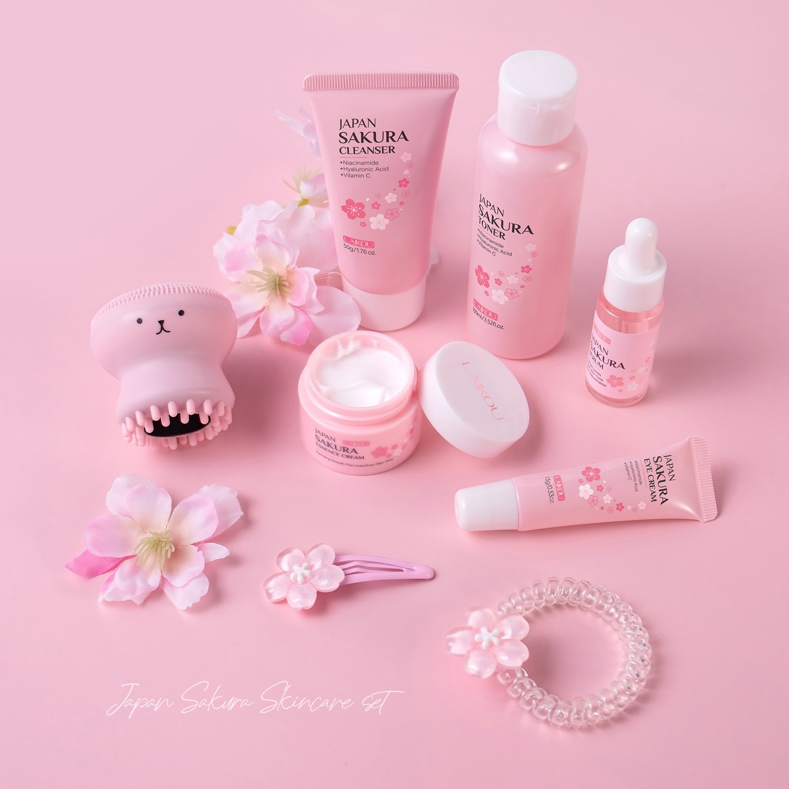 Laikou Japan Sakura Skincare Set – Kit Facial 8 Peças com Extrato de Sakura (Cerejeira Japonesa)