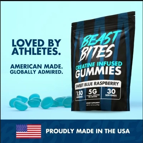 Beast Bites Creatine Infused Gummies – Sweet Blue Raspberry • 150 Gummies | 30 Doses (5 g Creatina Creapure®)